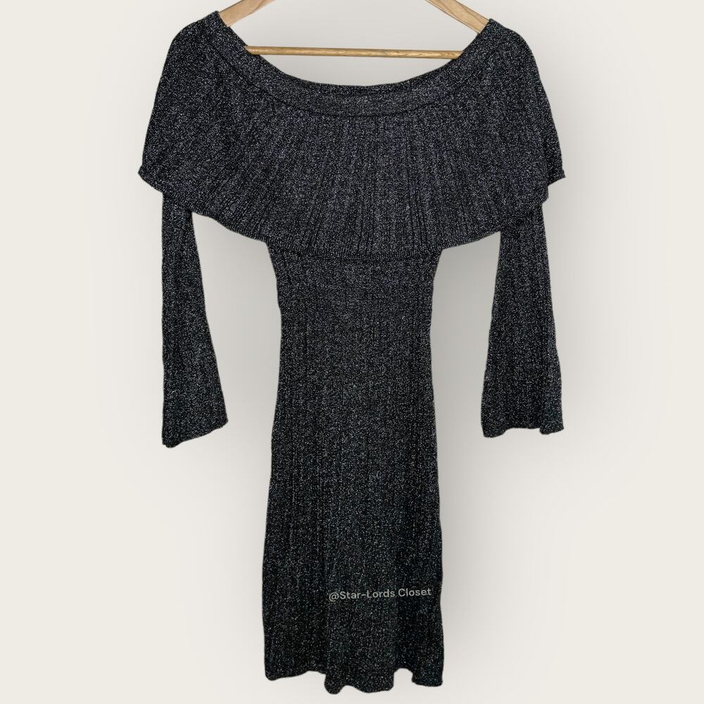 Keepsake Metallic Reflections Knit Sheath Dress | Small | Black Off the Shoulder